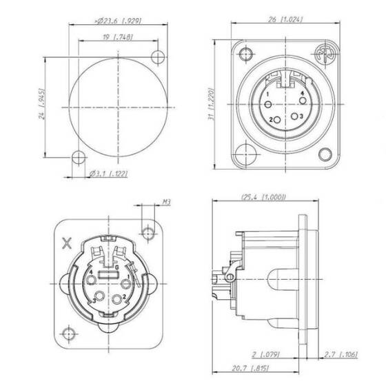XLR Konnektör Panel Tipi Dişi - 3 Pin - 3