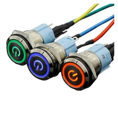Short Flat Head 16mm 220V Waterproof Momentary Self-Resert Metal Push Button Switch With Blue Led Light - Görsu Elektronik