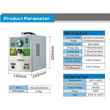 SUNKKO 709AD+ Pilli Nokta Kaynak Makinesi-70B Kaynak Kalemli-AU Fişli 220V - Görsu Elektronik