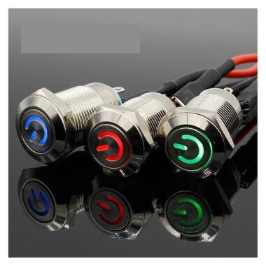 Mavi Ledli 12mm 12-24V Su Geçirmez Kendinden Kilitli Metal Push Buton - Görsu Elektronik