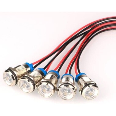 10mm 220V Beyaz LED Metal Sinyal Lambası 15cm Kablolu - Metal İndicator Light - Görsu Elektronik