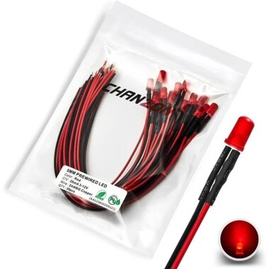 12-18V 5mm Şeffaf Kırmızı LED 20cm Kablolu - Görsu Elektronik