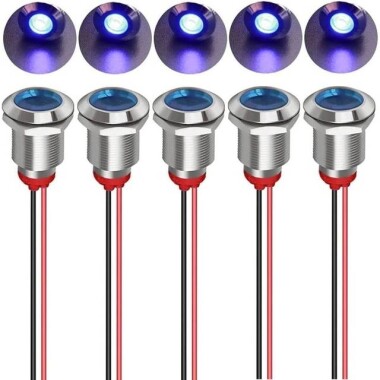 12mm 220V Mavi LED Metal Sinyal Lambası 15cm Kablolu - Metal İndicator Light - Görsu Elektronik
