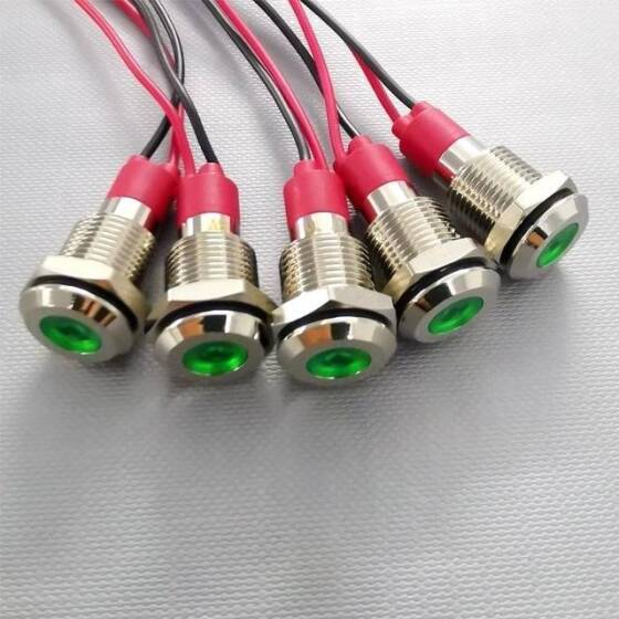 10mm 3-9V Yeşil LED Metal Sinyal Lambası 15cm Kablolu - Metal İndicator Light - 2
