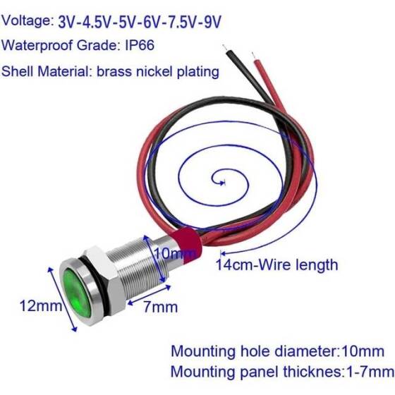 10mm 3-9V Yeşil LED Metal Sinyal Lambası 15cm Kablolu - Metal İndicator Light - 5