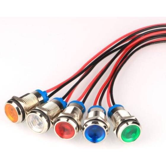 12mm 10-24V Mavi LED Metal Sinyal Lambası 15cm Kablolu - Metal İndicator Light - 1