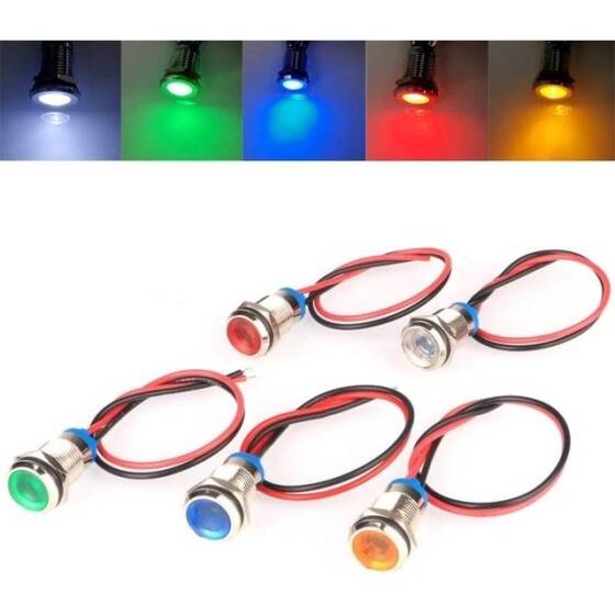 12mm 10-24V Mavi LED Metal Sinyal Lambası 15cm Kablolu - Metal İndicator Light - 2