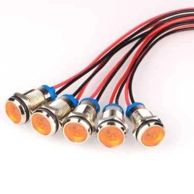 12mm 10-24V Sarı LED Metal Sinyal Lambası 15cm Kablolu - Metal İndicator Light - 1