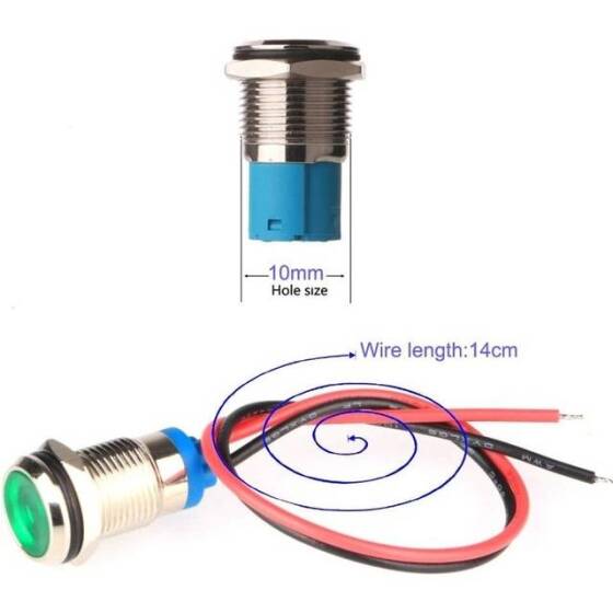 12mm 10-24V Yeşil LED Metal Sinyal Lambası 15cm Kablolu - Metal İndicator Light - 4