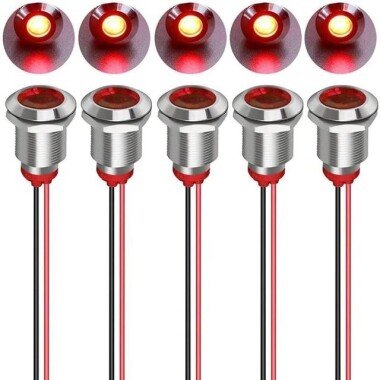 12mm 220V Kırmızı LED Metal Sinyal Lambası 15cm Kablolu - Metal İndicator Light - 1