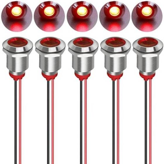 12mm 220V Kırmızı LED Metal Sinyal Lambası 15cm Kablolu - Metal İndicator Light - 1