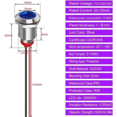 12mm 220V Mavi LED Metal Sinyal Lambası 15cm Kablolu - Metal İndicator Light - 5