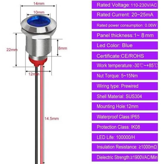12mm 220V Mavi LED Metal Sinyal Lambası 15cm Kablolu - Metal İndicator Light - 5