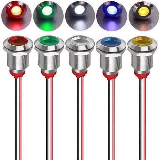 12mm 220V Sarı LED Metal Sinyal Lambası 15cm Kablolu - Metal İndicator Light - 1