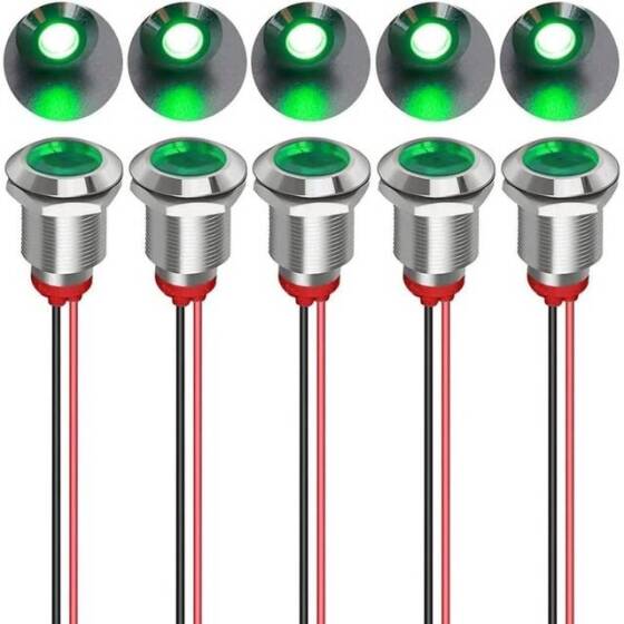 12mm 220V Yeşil LED Metal Sinyal Lambası 15cm Kablolu - Metal İndicator Light - 1