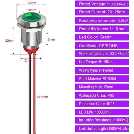 12mm 220V Yeşil LED Metal Sinyal Lambası 15cm Kablolu - Metal İndicator Light - 5