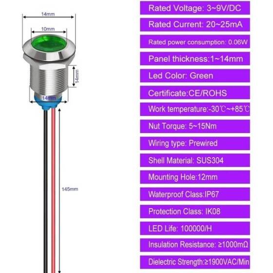 12mm 3-9V Mavi LED Metal Sinyal Lambası 15cm Kablolu - Metal İndicator Light - 5