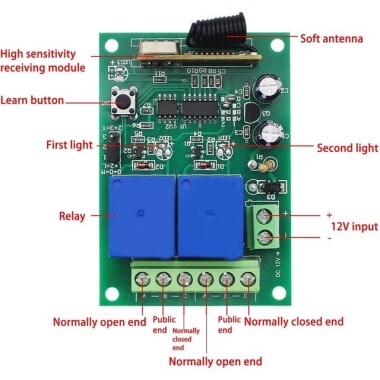 12V 2CH Röle Modülü Kablosuz Uzaktan Kumanda Anahtarı + 2 x RF 433Mhz Uzaktan Kumanda - Pilli - 4