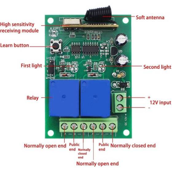 12V 2CH Röle Modülü Kablosuz Uzaktan Kumanda Anahtarı + 2 x RF 433Mhz Uzaktan Kumanda - Pilli - 4