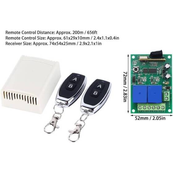 12V 2CH Röle Modülü Kablosuz Uzaktan Kumanda Anahtarı + 2 x RF 433Mhz Uzaktan Kumanda - Pilsiz - 1