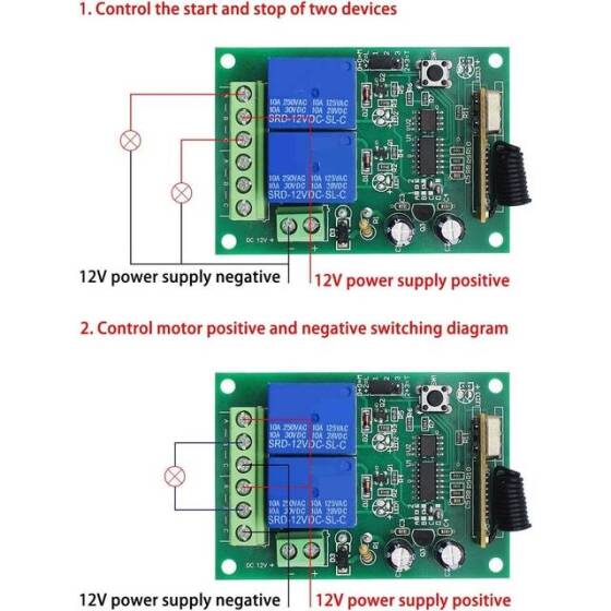 12V 2CH Röle Modülü Kablosuz Uzaktan Kumanda Anahtarı + 2 x RF 433Mhz Uzaktan Kumanda - Pilsiz - 5
