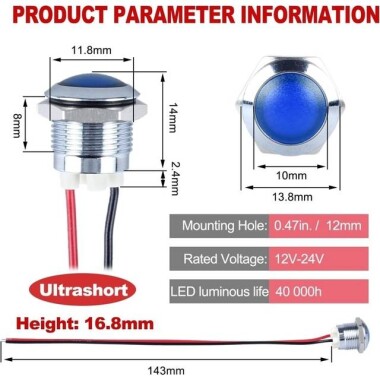 14mm 10-24V Mavi LED Metal Sinyal Lambası 15cm Kablolu - Metal İndicator Light - 2
