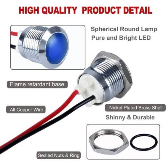 14mm 10-24V Mavi LED Metal Sinyal Lambası 15cm Kablolu - Metal İndicator Light - 3