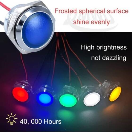 14mm 10-24V Mavi LED Metal Sinyal Lambası 15cm Kablolu - Metal İndicator Light - 4