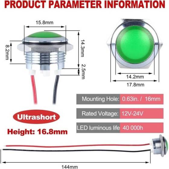 14mm 10-24V Yeşil LED Metal Sinyal Lambası 15cm Kablolu - Metal İndicator Light - 2