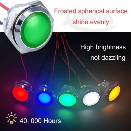 14mm 10-24V Yeşil LED Metal Sinyal Lambası 15cm Kablolu - Metal İndicator Light - 4