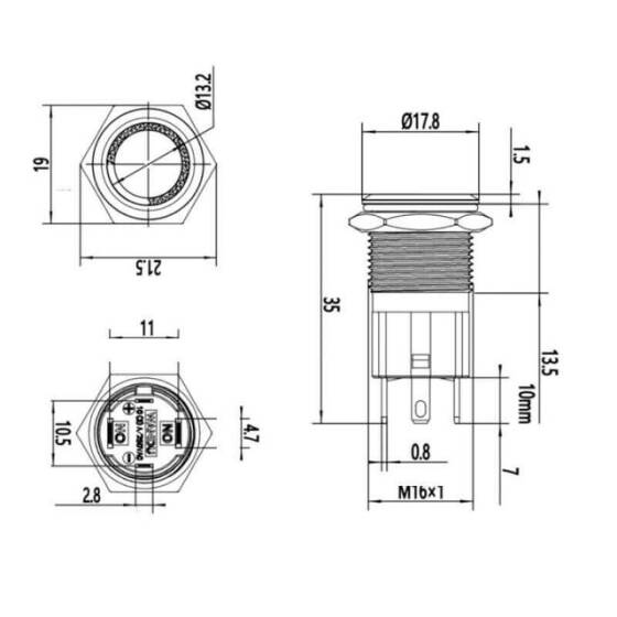 16D-P1-E 16mm Düz Yaylı Işıklı Metal Buton - Kırmızı - 2