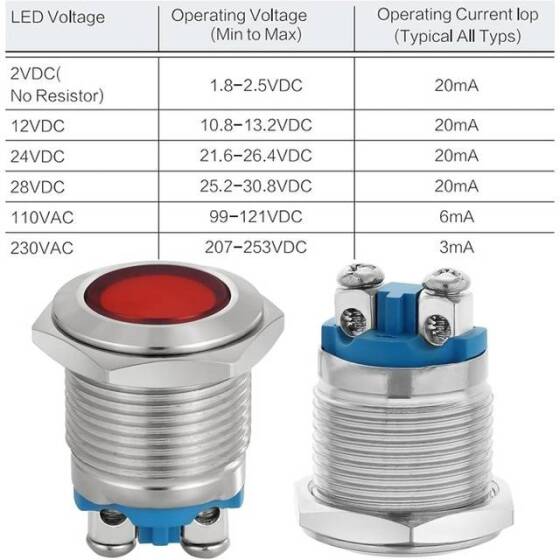 16mm 10-24V Kırmızı LED Metal Sinyal Lambası - Metal İndicator Light - 4