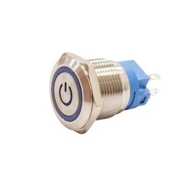 19A-P1Z-EC 19mm Düz Anahtarlı Işıklı Power Metal Buton - Mavi - 1
