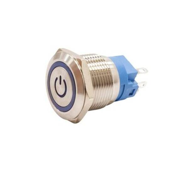 19A-P1Z-EC 19mm Düz Anahtarlı Işıklı Power Metal Buton - Mavi - 1