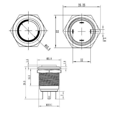 19H-G1-E 19mm Çıkık Yaylı Işıklı Metal Buton - Mavi - 3