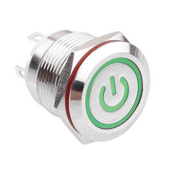 19H-P1-EC 19mm Düz Yaylı Işıklı Power Metal Buton - Yeşil - 1