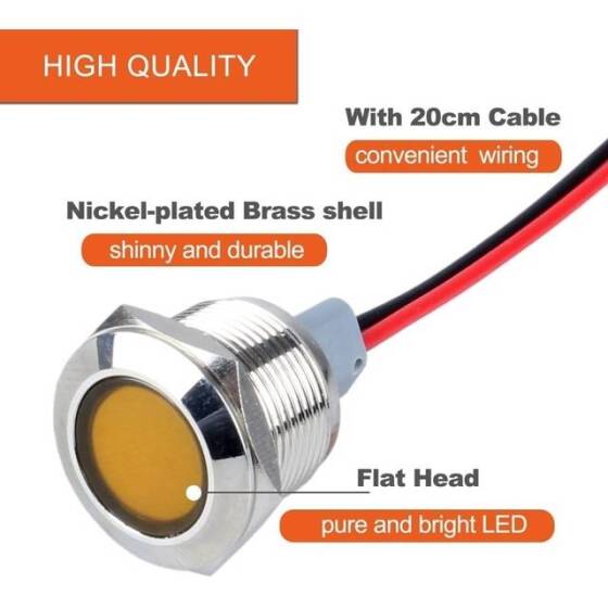 19mm 3-9V Sarı LED Metal Sinyal Lambası - Metal İndicator Light - 3