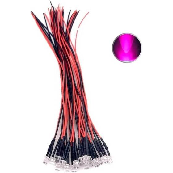 22-28V 5mm Şeffaf Pembe LED 20cm Kablolu - 1