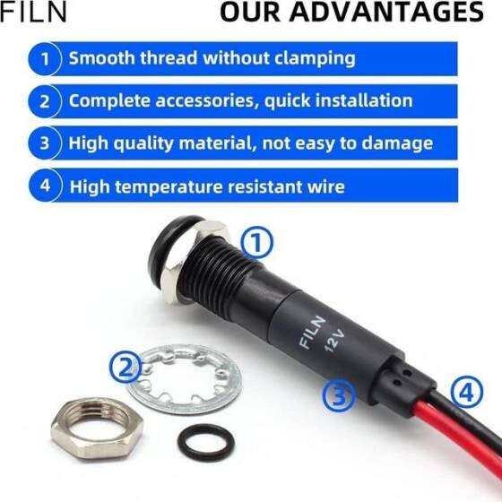 22-28V 8mm Kırmızı LED 20cm Kablolu - 3