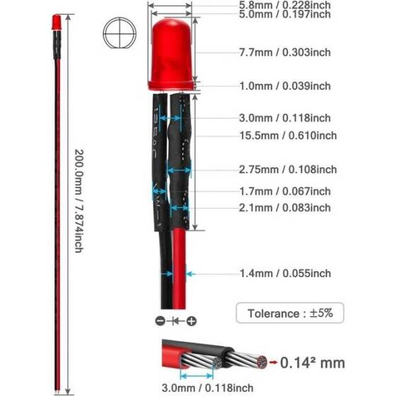 220V 5mm Şeffaf Kırmızı LED 20cm Kablolu - 3