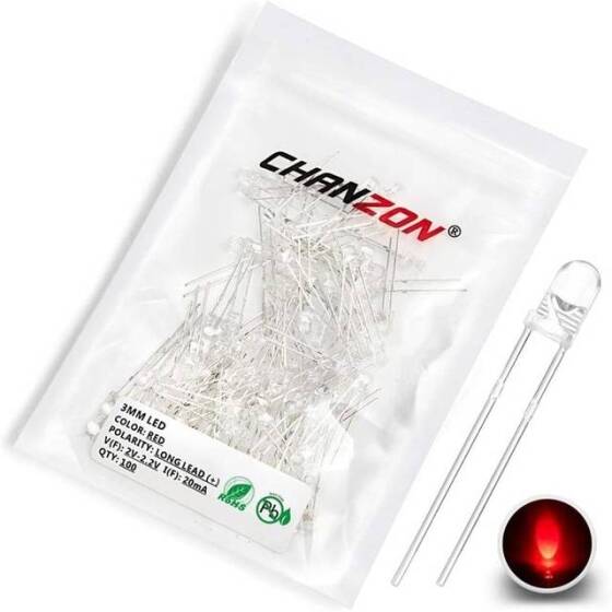 2V 20mA 3mm Şeffaf Kırmızı Düz Led 18mm Bacak Uzunluğu - 1