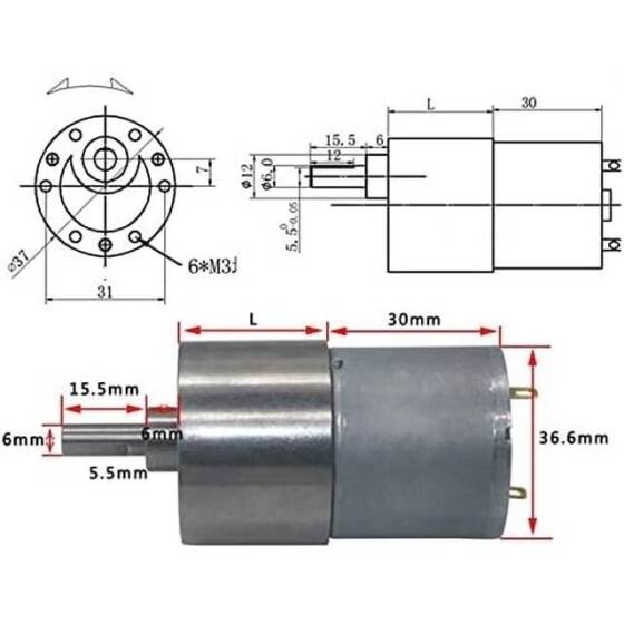 37GB-3530 DC 12V 1000RPM Redüktörlü Motor - 5