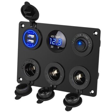 3'lü Dişi Çakmaklık Soketi 2x5V USB Voltaj Göstergeli ve Mavi Nokta Işıklı Anahtar Switch Panel - 1