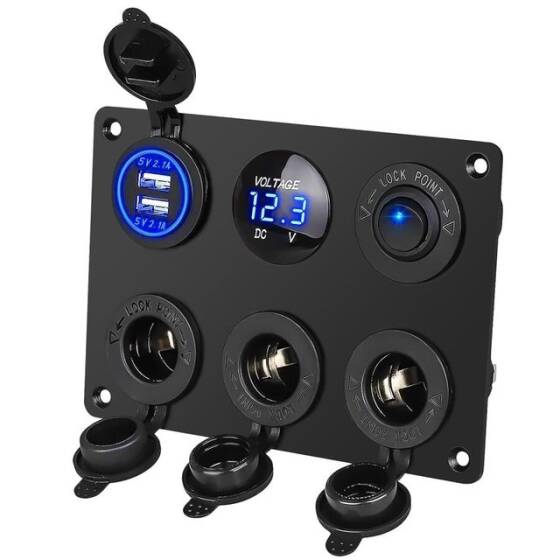 3'lü Dişi Çakmaklık Soketi 2x5V USB Voltaj Göstergeli ve Mavi Nokta Işıklı Anahtar Switch Panel - 1