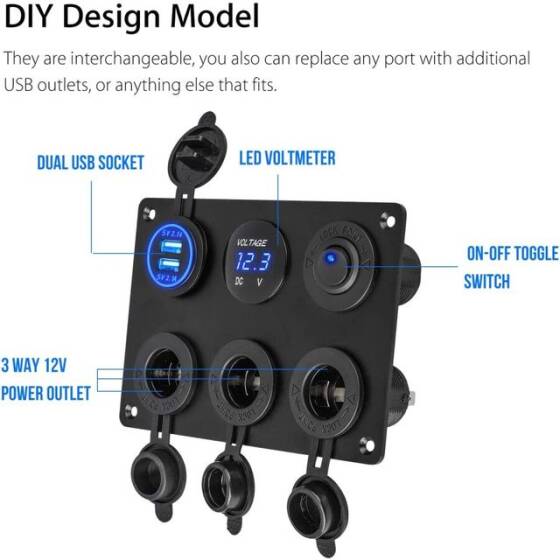 3'lü Dişi Çakmaklık Soketi 2x5V USB Voltaj Göstergeli ve Mavi Nokta Işıklı Anahtar Switch Panel - 2