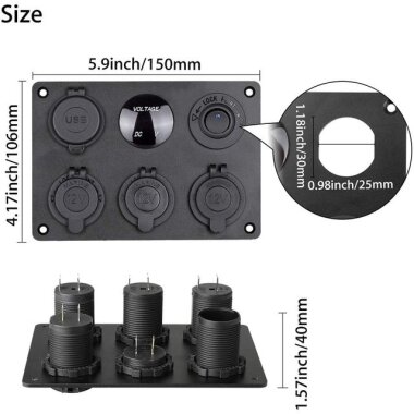 3'lü Dişi Çakmaklık Soketi 2x5V USB Voltaj Göstergeli ve Mavi Nokta Işıklı Anahtar Switch Panel - 3