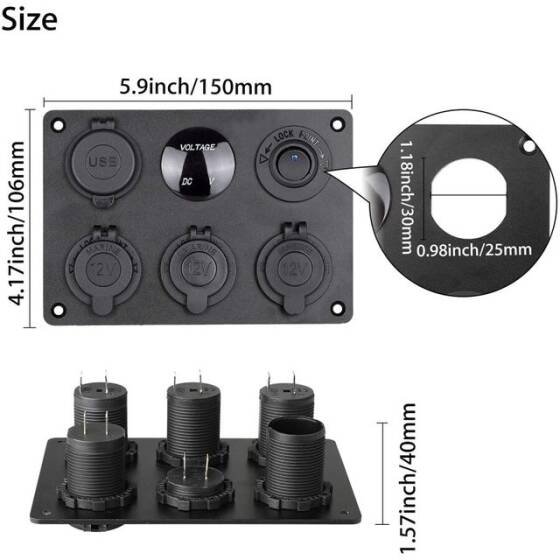 3'lü Dişi Çakmaklık Soketi 2x5V USB Voltaj Göstergeli ve Mavi Nokta Işıklı Anahtar Switch Panel - 3