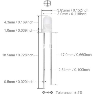3V 20mA 3mm Beyaz Led 18mm Bacak Uzunluğu - 3