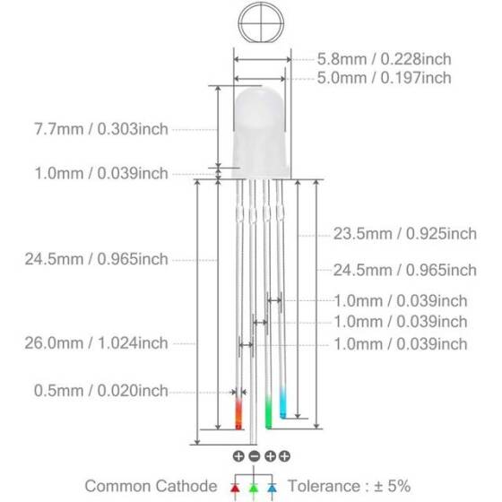 3V 20mA Geniş Açılı 5mm RGB Led 4 Pin CC 28mm Bacak Uzunluğu - 2