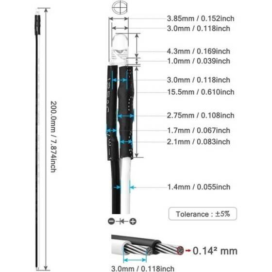 3V 3mm Şeffaf Sarı LED 20cm Kablolu - 3
